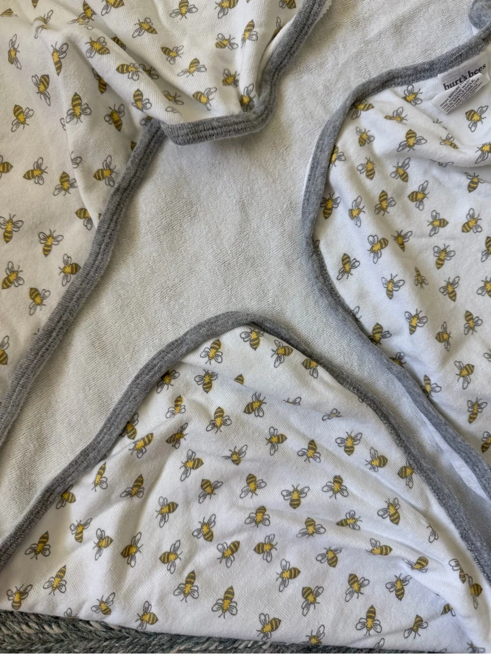 Burt’s Bees baby Hooded towels - Gray and White with bee pattern